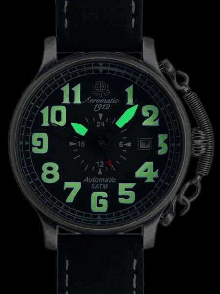 Aeromatic 1912 Automatic Aviator's Watch with Retro Crown Retention Spring, 24-Hr sub-dial #A1423