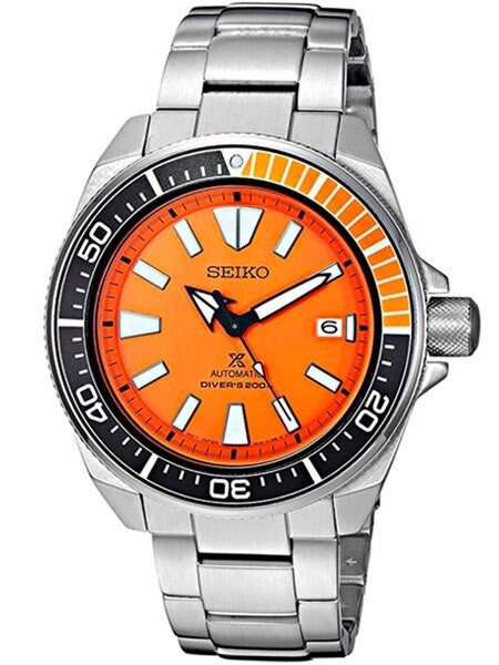 Seiko Samurai Prospex Automatic Dive Watch with Orange Dial and Stainless Steel Bracelet #SRPC07