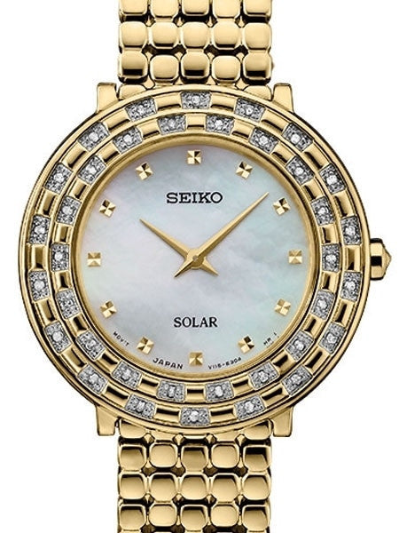 Seiko Tressia Solar Dress Watch with with 36 Diamonds, Mother of Pearl Dial #SUP374