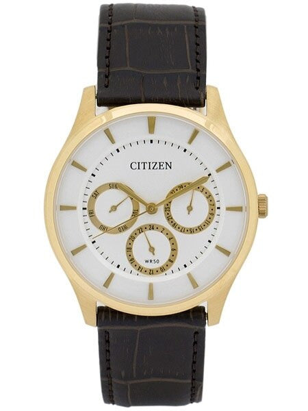 Citizen Thin Goldtone Dress Watch with Three Sub-Dials and a Leather Strap #AG8353-05A