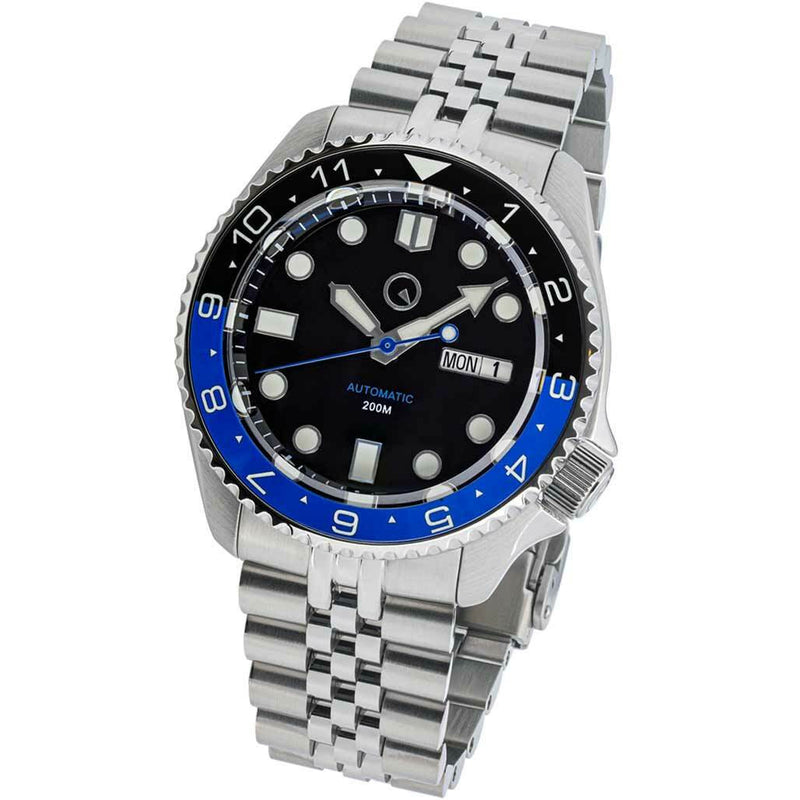 Islander Automatic Dive Watch with Solid-Link Bracelet, AR Sapphire Crystal, Dual-Time Luminous "Batman" Bezel Insert #ISL-74
