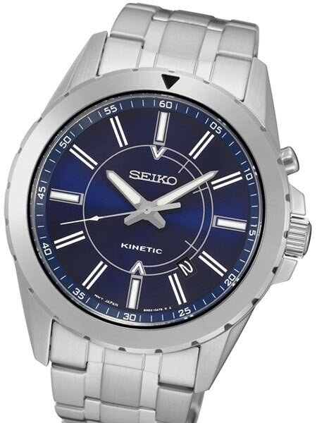 Seiko Kinetic Watch with a 42mm Stainless Steel Case, Blue Dial, and Power Reserve #SKA703