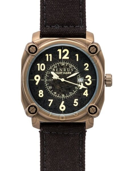 BENRUS 43mm Stainless Steel, Military-Inspired Quartz Nighthawk Watch #BR002C
