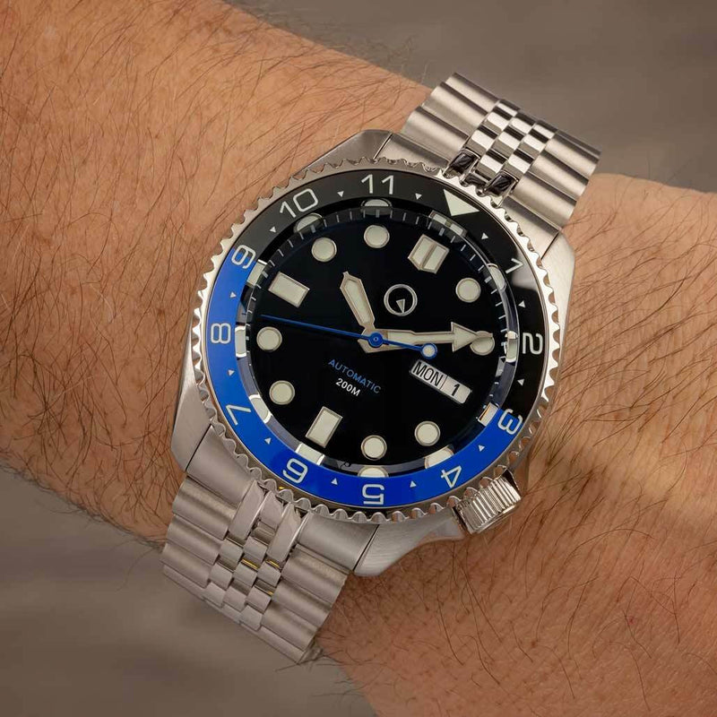 Islander Automatic Dive Watch with Solid-Link Bracelet, AR Sapphire Crystal, Dual-Time Luminous "Batman" Bezel Insert #ISL-74