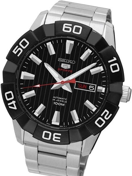 Seiko 45mm Sports 5 Automatic 24-Jewel Watch with Black Dial and Bezel #SRPA55K1