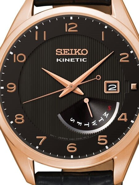 Seiko Core Series Kinetic Watch with 42mm Rose Goldtone Case and Leather Strap #SRN054