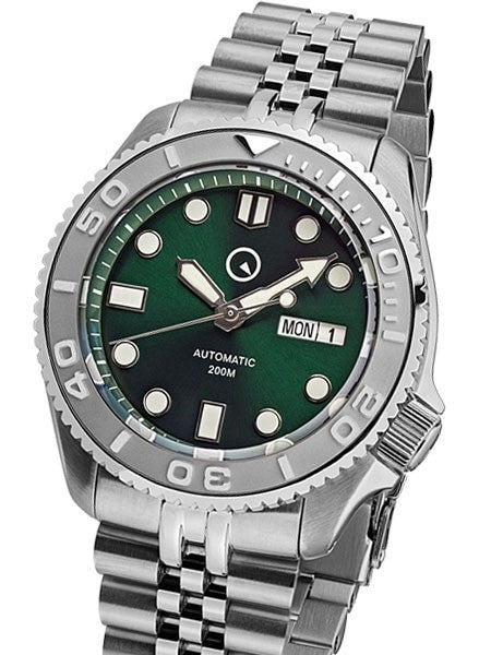 Islander Green Dial Automatic Dive Watch with Bracelet, Double-Domed AR Sapphire Crystal, and Embossed Ceramic Bezel Insert #ISL-44