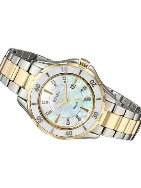 Seiko Two-Tone Women's Solar Dress Watch with MOP Dial, Goltone Hands and 8 Diamond Markers #SUT338