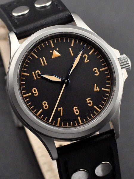 DIEVAS German Made Black Vintage Flieger Watch with Sapphire Crystal and Steel Case