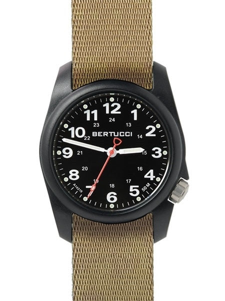 Bertucci A-1R Field Comfort watch with fiber reinforced polycarbonate Unibody case, Khaki Nylon Strap, Black Dial #10502