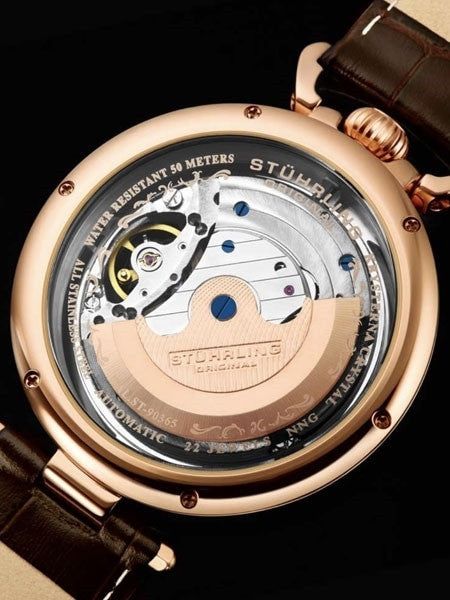 Stuhrling automatic dual time watch with 46mm case, skeleton dial, brown leather strap #889.03
