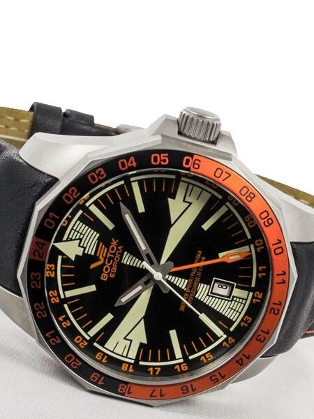 Vostok-Europe Radio Room, Dual Time Automatic Watch with an Orange and Black Bezel #2255220