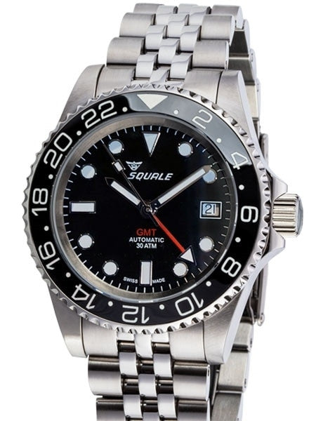 Squale 300 meter Swiss Automatic GMT watch with Luminous Ceramic Bezel, AR Sapphire Crystal #1545GM-CER-BK
