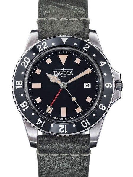 Davosa Vintage-Styled 100-Meter GMT Dual Time Watch with Black Dial #16250055