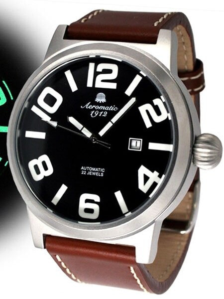 Aeromatic 1912 Automatic XL Size Military Watch with Black Dial, Onion Crown #A1361