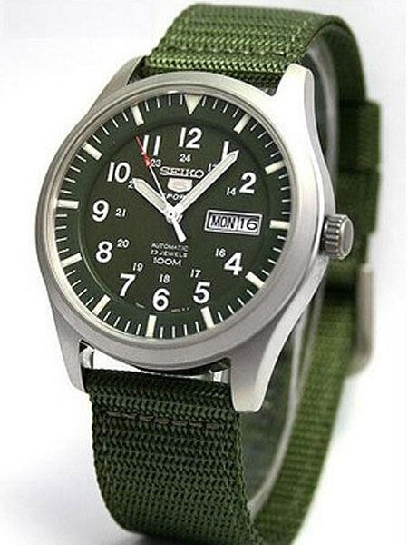 Scratch and Dent - Seiko Military Dark Green Dial Automatic Watch with 42mm Case, Green Canvas Strap #SNZG09K1
