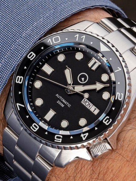 Islander Automatic Dive Watch with Solid-Link Bracelet, AR Sapphire Crystal, Dual-Time Luminous Ceramic Bezel Insert #ISL-01