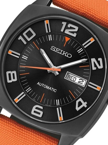Seiko Recraft Series Automatic Watch with 43.5mm Black PVD Case, Orange Canvas Strap #SNKN39