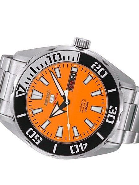 Seiko 5 Sports Automatic 24-Jewel Watch with Orange Dial and SS Bracelet #SRPC55K1