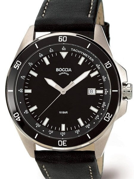 Boccia Mens Black Dial Quartz Sport Watch with 44mm Titanium Case and Leather Strap #3577-06