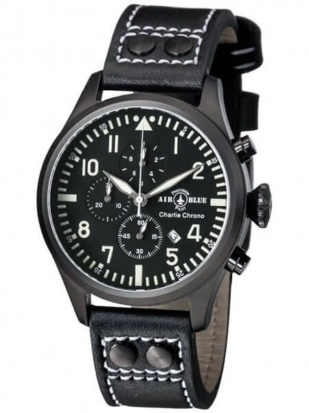 Air Blue Charlie Chronograph Pilot Watch with 44mm PVD Case, Sapphire Crystal #CHARLIECHRONOPVD