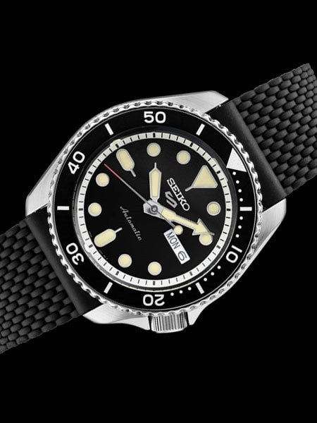 Seiko 5 Sports 24-Jewel Automatic Watch with Black Dial and Silicone Strap #SRPD93