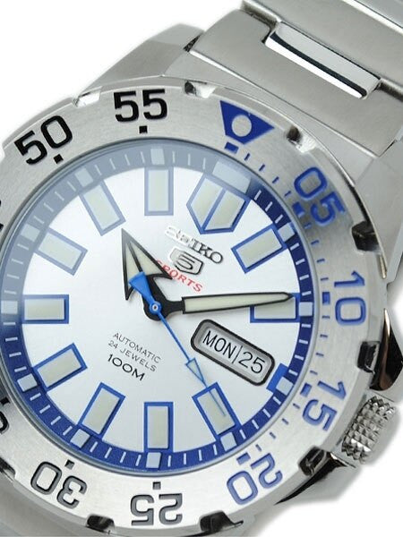 Seiko 43mm Sports 5 Automatic 24-Jewel Watch with Silver Dial and Blue Accents #SRP481K1
