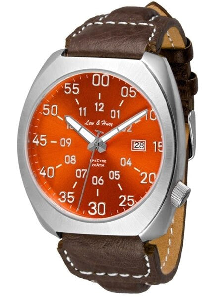 Lew and Huey Classic Flieger-Style, Automatic Pilot Watch with High Quality Leather Strap #Spectre-3Q-Orange