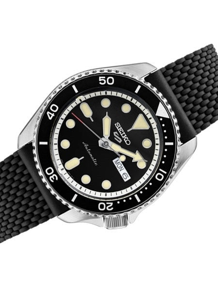 Seiko 5 Sports 24-Jewel Automatic Watch with Black Dial and Silicone Strap #SRPD93
