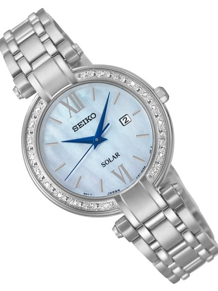 Seiko Tressia Women's Solar Dress Watch with Diamond Bezel, Mother of Pearl Dial #SUT181
