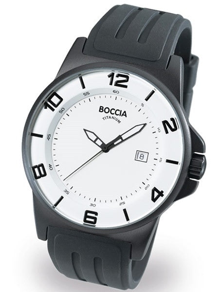 Boccia Mens White Dial Quartz Sport Watch with 45mm Black Titanium Case and Rubber Strap #3535-06