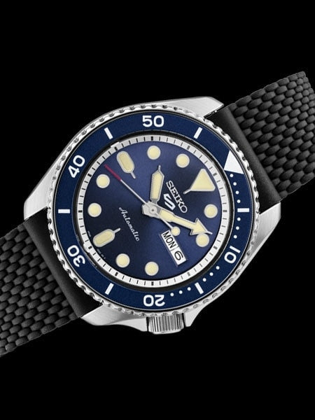 Seiko 5 Sports 24-Jewel Automatic Watch with Blue Dial and Silicone Strap #SRPD93