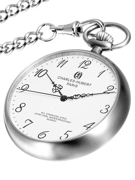 Charles-Hubert Quartz Pocket Watch with White Dial and Silvertone Chain #3534