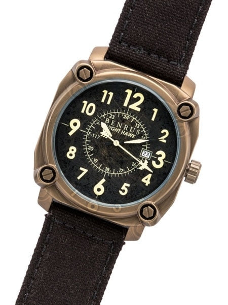 BENRUS 43mm Stainless Steel, Military-Inspired Quartz Nighthawk Watch #BR002C
