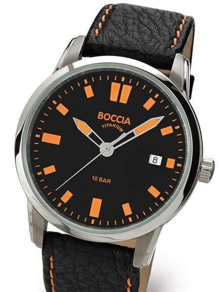 Boccia Mens Quartz Sport Watch with 41mm Titanium Case and Black Leather Strap #3573-01