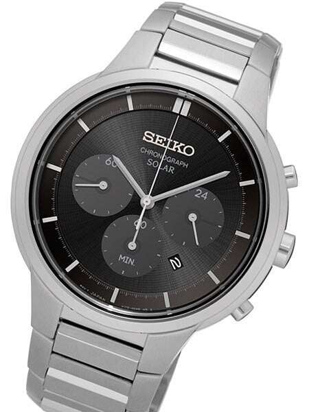 Seiko Black Dial, Solar Chronograph with Stopwatch and 24-Hour Sub-Dial #SSC439