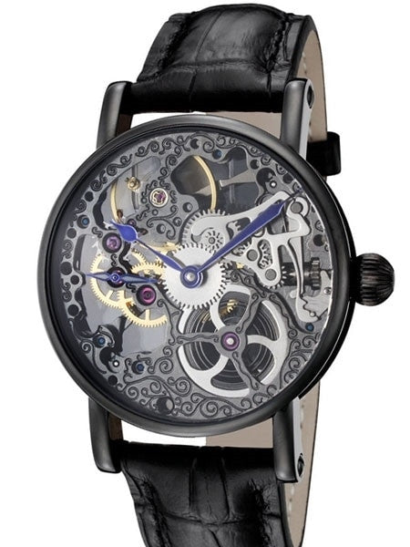 Rougois Hand Wind Decorated Skeleton Movement Watch with Black PVD Case #RS10003