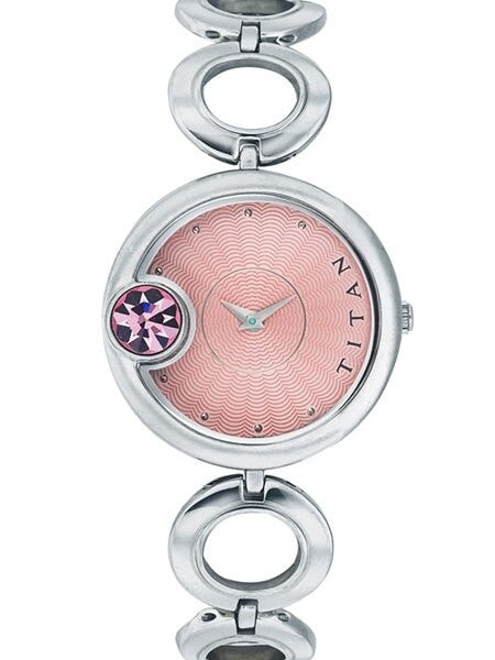 Titan Ladies Pink Dial Quartz Watch with Purple Crystal and Stainless Steel Bracelet #2503SM01