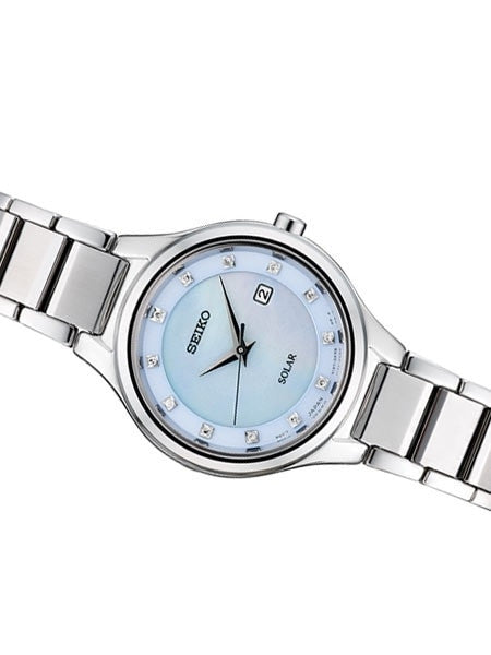 Seiko Women's Solar Dress Watch with 12 Diamond Hour Markers, Mother of Pearl Dial #SUT351
