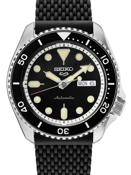 Seiko 5 Sports 24-Jewel Automatic Watch with Black Dial and Silicone Strap #SRPD93