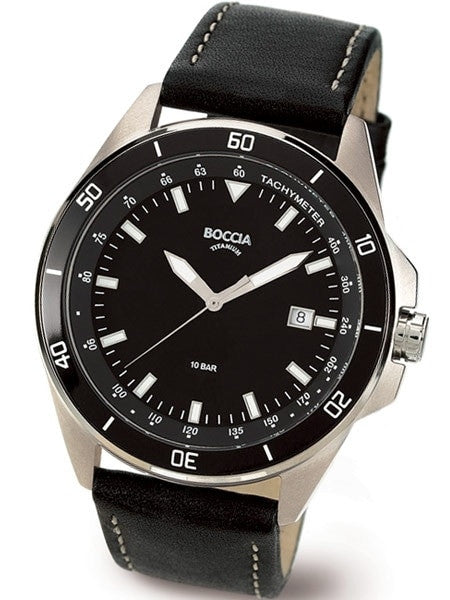 Boccia Mens Black Dial Quartz Sport Watch with 44mm Titanium Case and Leather Strap #3577-06