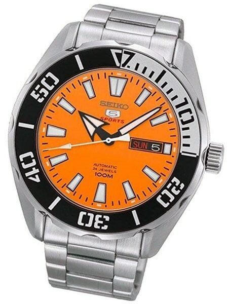 Scratch and Dent - Seiko 5 Sports Automatic 24-Jewel Watch with Orange Dial and SS Bracelet #SRPC55K1