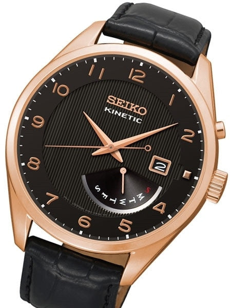 Seiko Core Series Kinetic Watch with 42mm Rose Goldtone Case and Leather Strap #SRN054