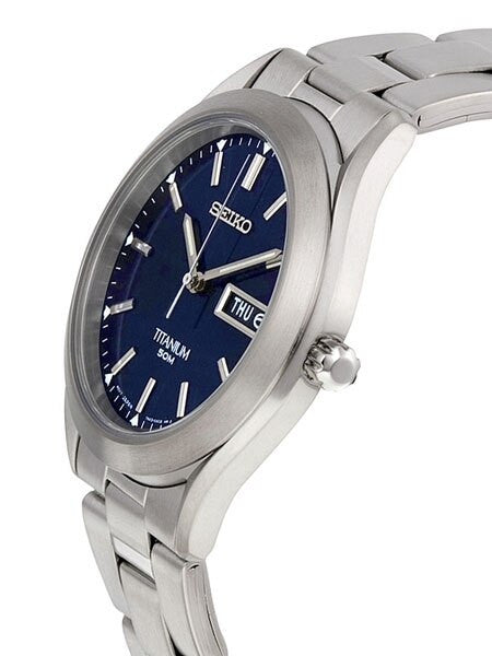 Seiko Quartz Blue Dial Watch with 37mm Titanium Case and Folded Bracelet #SGG709