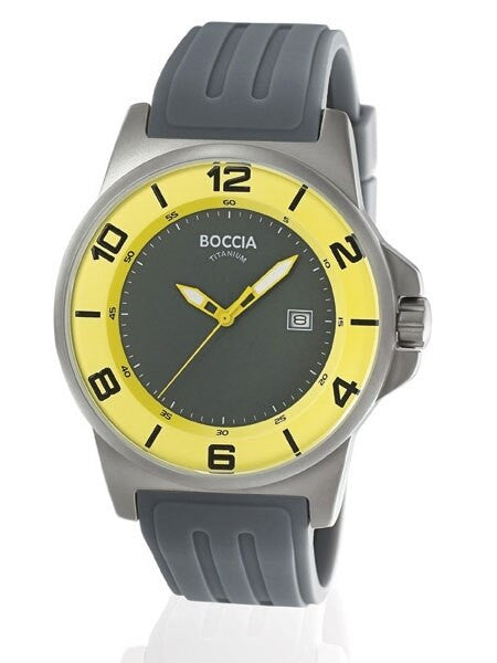 Boccia Mens Grey-Yellow Dial Quartz Sport Watch with 45mm Titanium Case and Grey Rubber Strap #3535-64