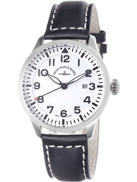 Zeno Mens Navigator Watch with White Dial, Black Leather Strap and Swiss Quartz Movement #6569-515Q-I2
