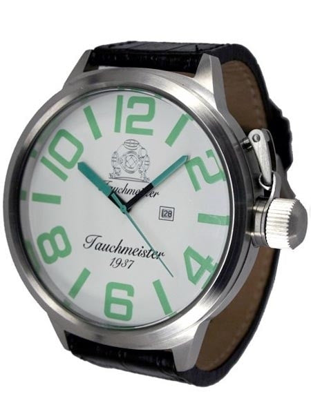 Tauchmeister T0212 XXL 57mm White Dial Military Watch with Crown Protector