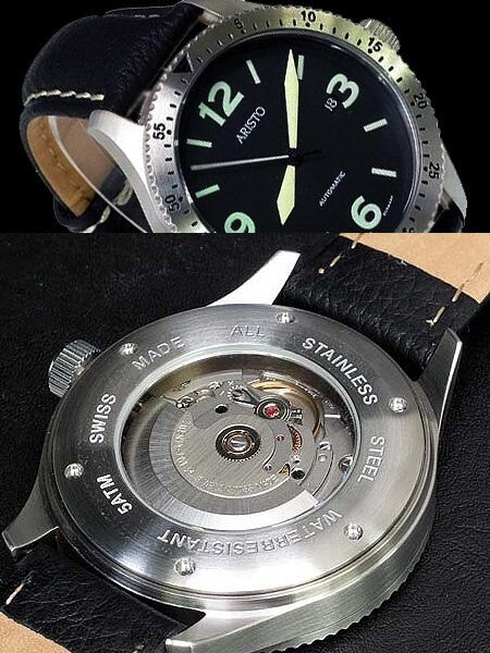 Aristo 7H71 Black Dial Swiss ETA Automatic Aviator Watch with Right Crown