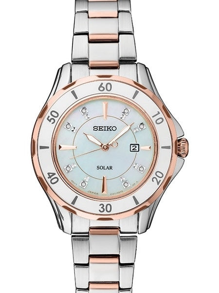 Seiko Two-Tone Women's Solar Dress Watch with MOP Dial, Rose Goltone Hands and 8 Diamond Markers #SUT340