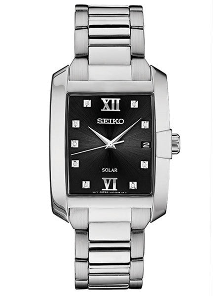Seiko Solar Watch with Stainless Steel Case and Nine Diamonds on the Dial #SNE461